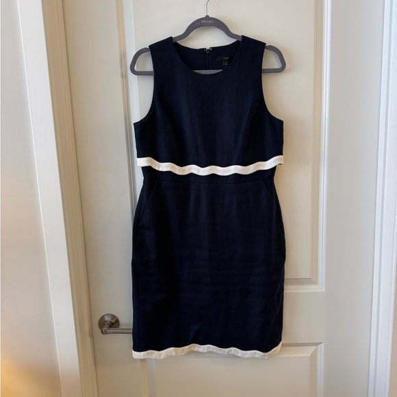 J. Crew Navy White Scallop Going Places Linen Dress - Picture 2 of 12